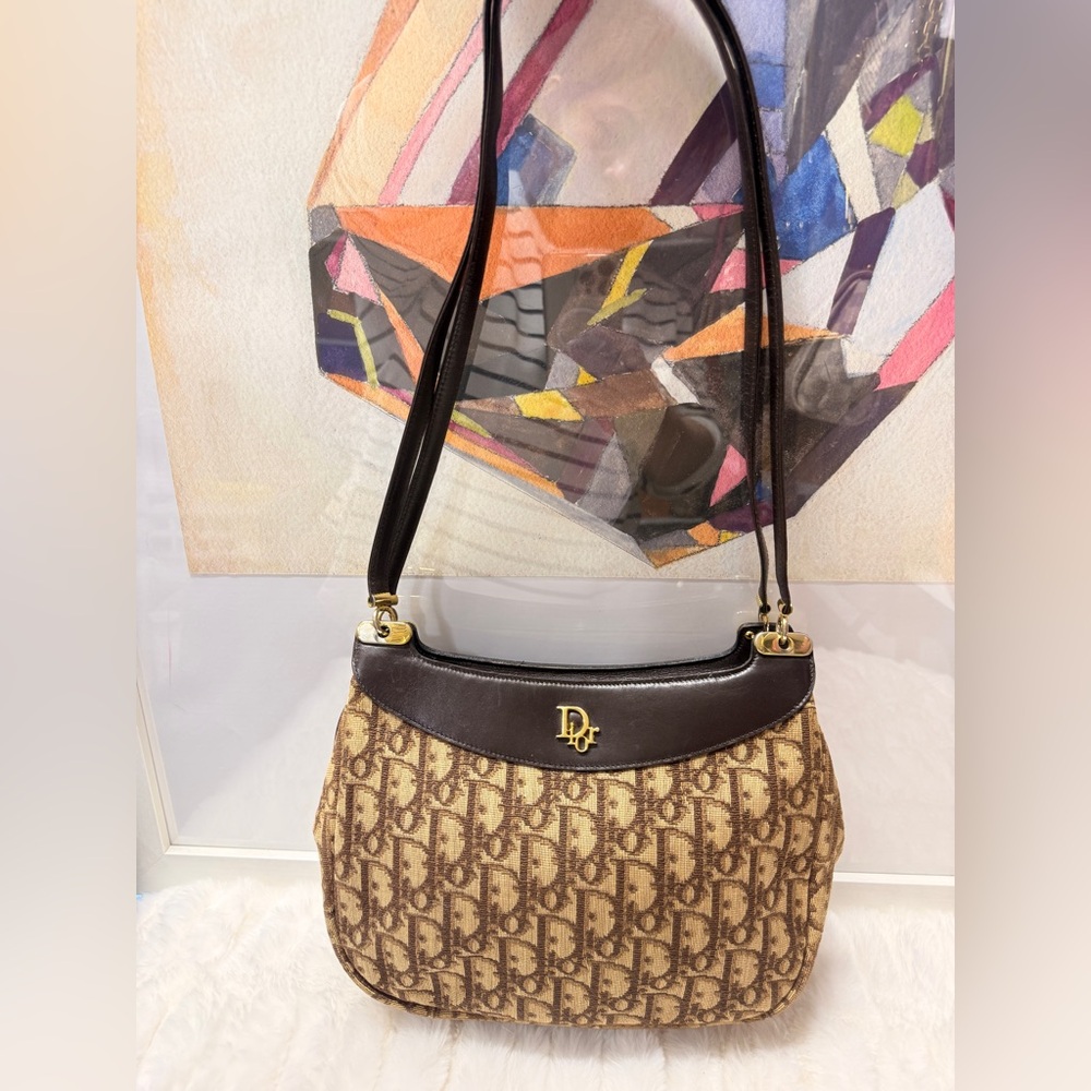 DIOR Brown Trotter Monogram Double Strap Shoulder Bag Dark Brown Leather Trim